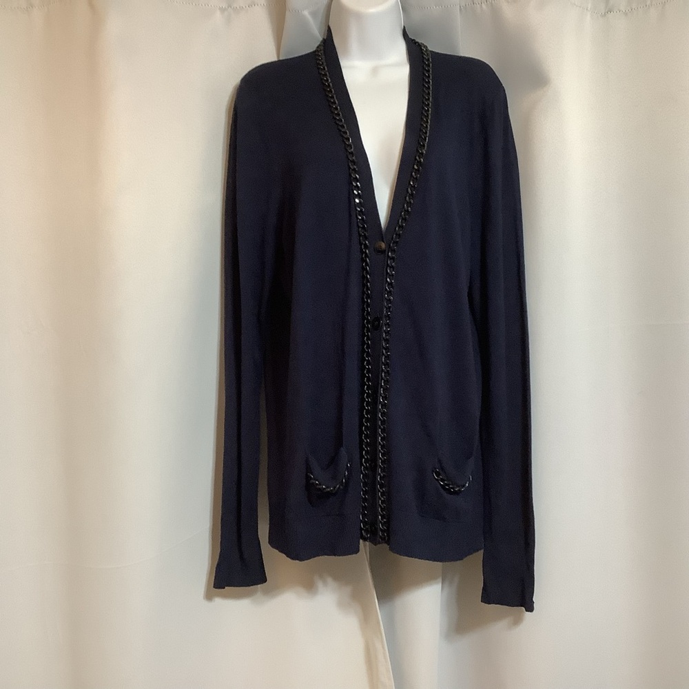 Dex Cardigan Women’s Size 1X sweater Knit Stretchy Metal Chain Detail Navy